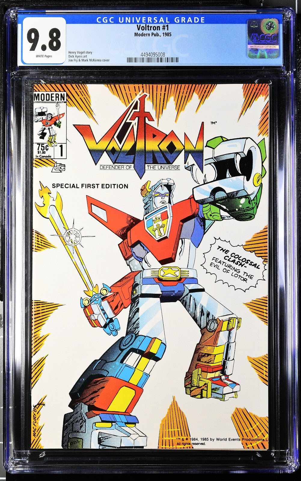 Voltron #1 (1985) CGC 9.8 NM/MT WHITE Pages Mac Fury Cover