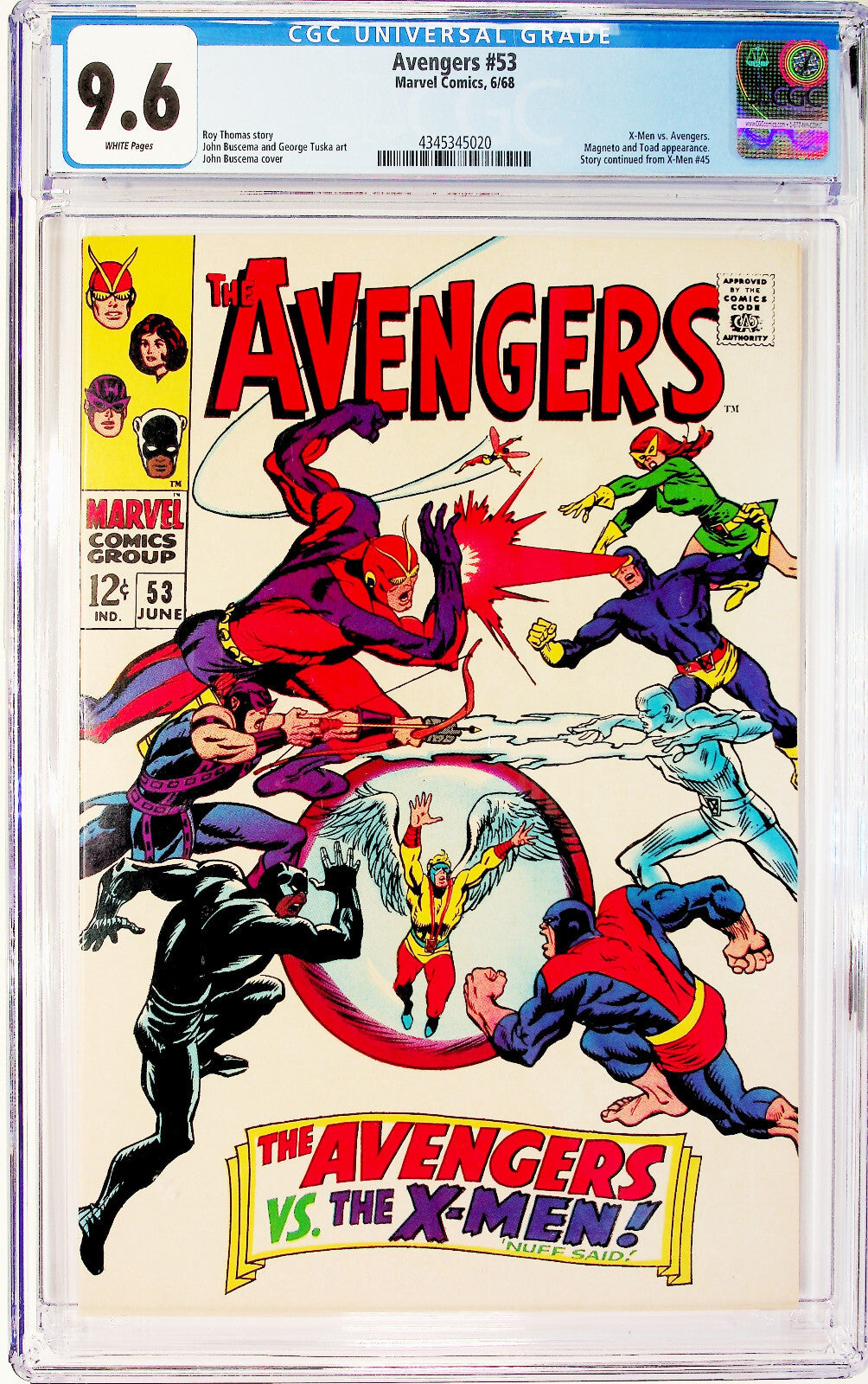 Avengers #53 (1968) CGC 9.6 NM+ White Pages Key Iconic Buscema X-Men Battle