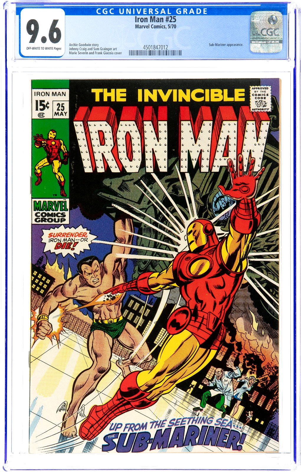 Iron Man #25 (1970) CGC 9.6 NM OW WHITE Severin Art Sub-Mariner Namor Battle