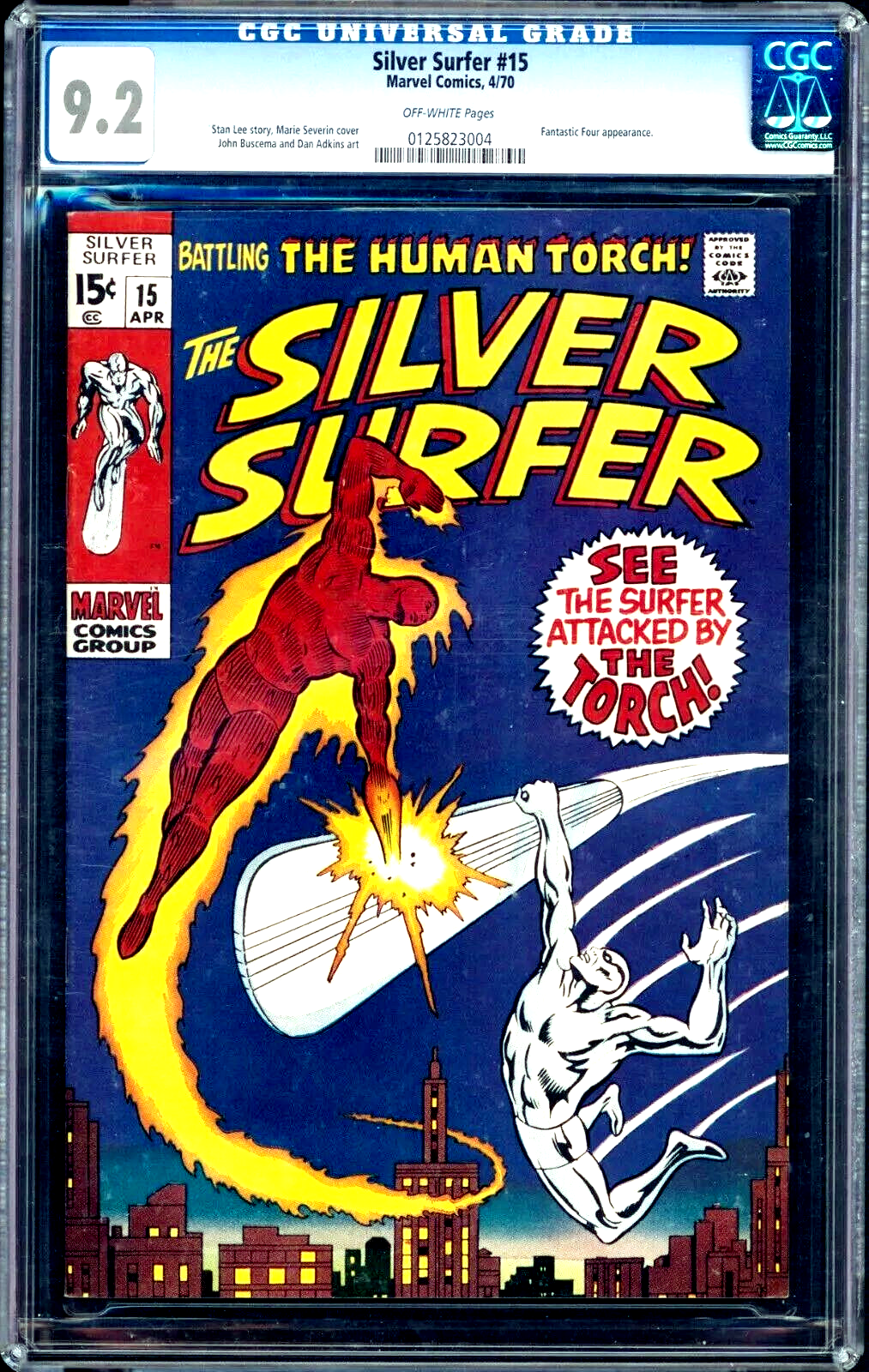 Silver Surfer #15 (1970) CGC 9.2 NM- Off White Severin Human Torch Battle Cover