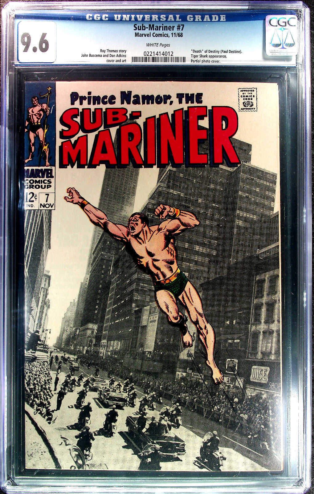 Sub-Mariner #7 (1968) CGC 9.6 NM+ WHITE Buscema Iconic Partial NYC Photo Cover