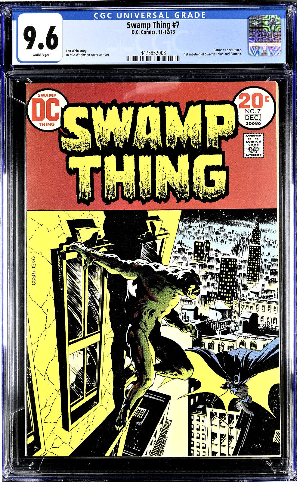 Swamp Thing #7 (1973) CGC 9.6 NM+ WHITE Key Wrightson Cover 1st Batman Meeting