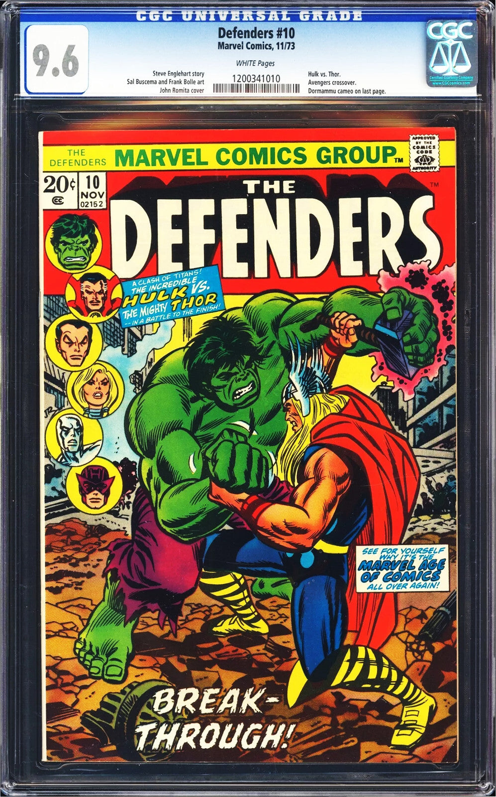 Defenders #10 (1973) CGC 9.6 NM+ WHITE Romita Hulk vs. Thor Iconic Battle Cover
