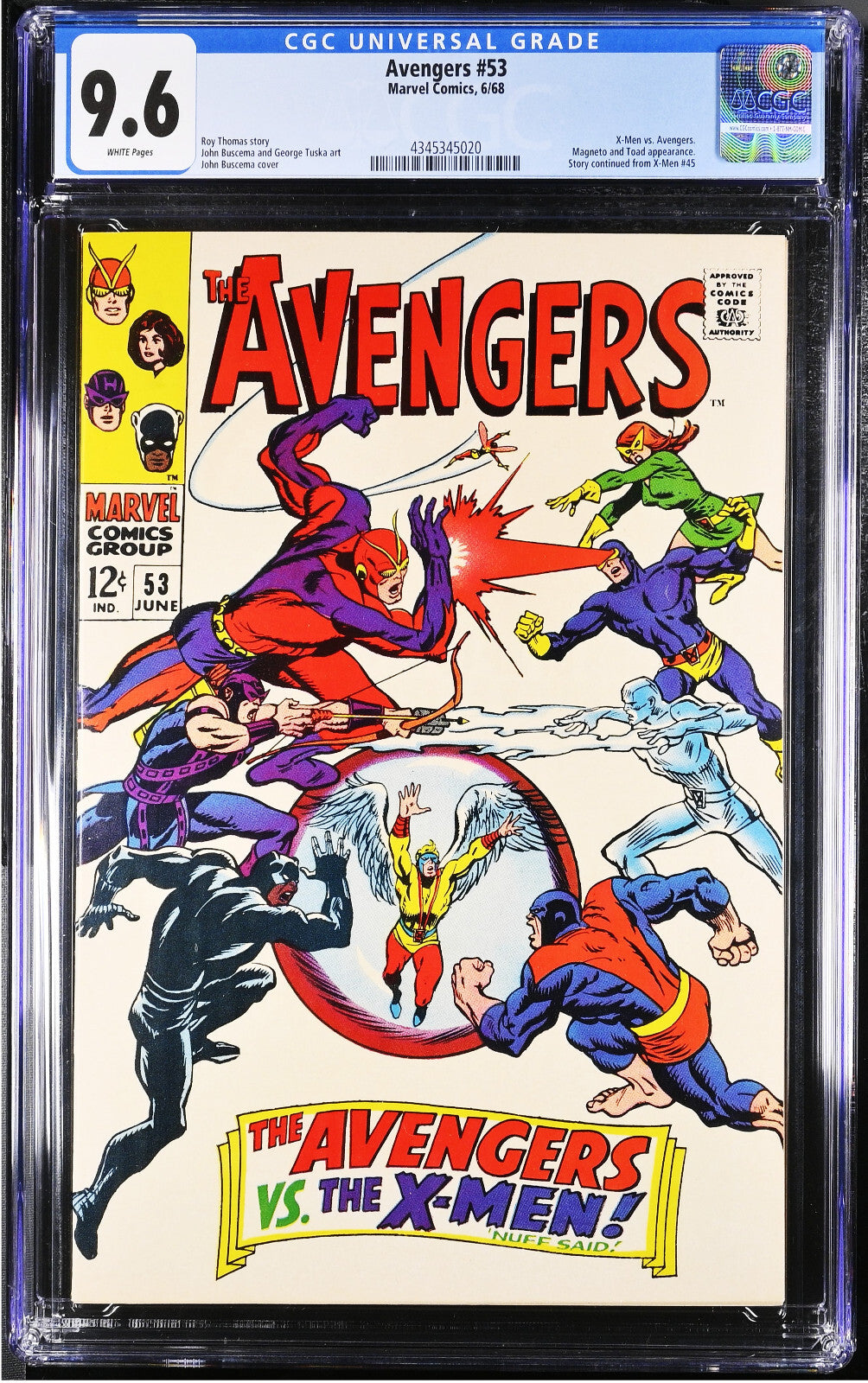Avengers #53 (1968) CGC 9.6 NM+ White Pages Key Iconic Buscema X-Men Battle