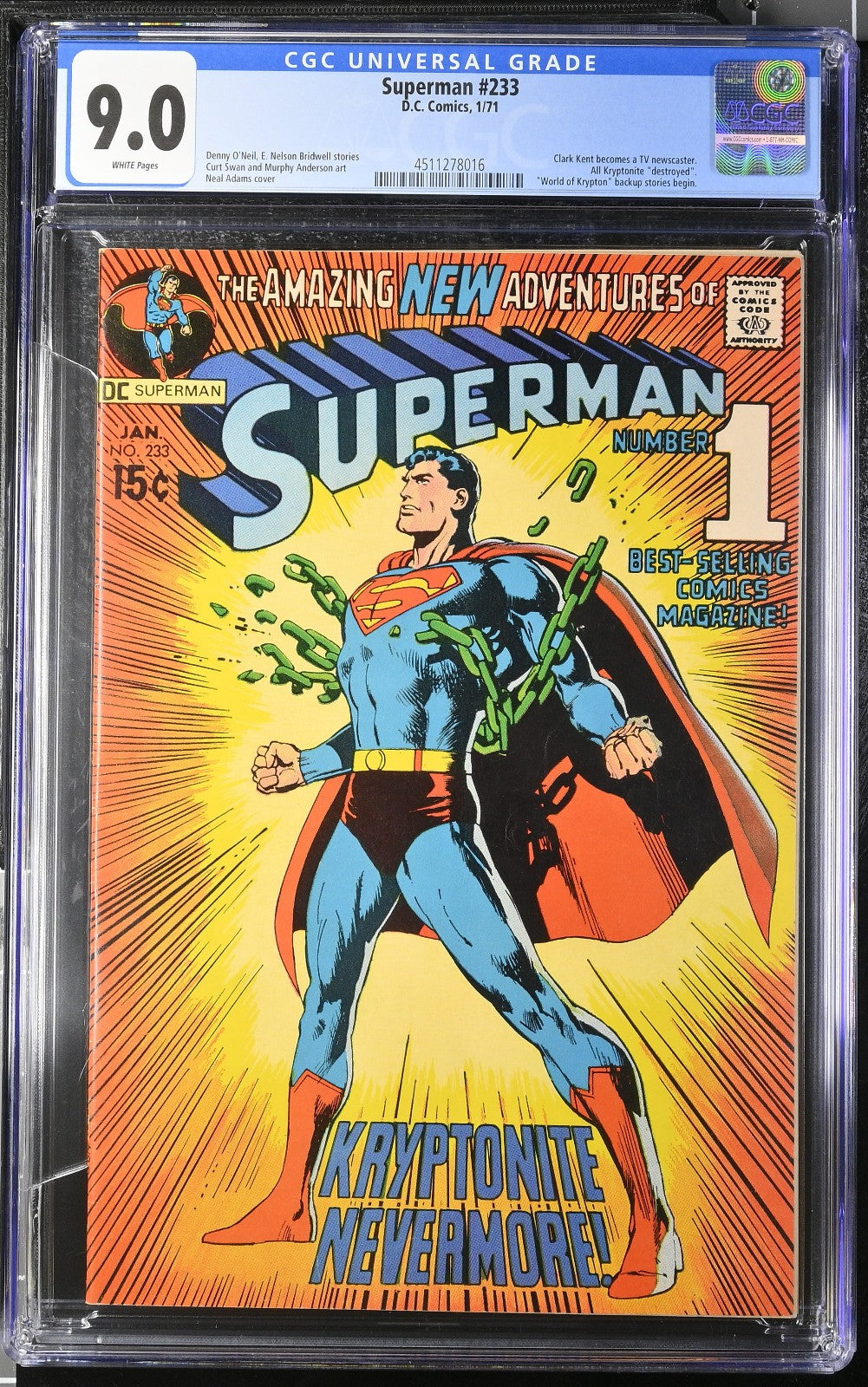Superman #233 (1971) CGC 9.0 VF/NM WHITE Key Classic Neal Adams Kryptonite Cover