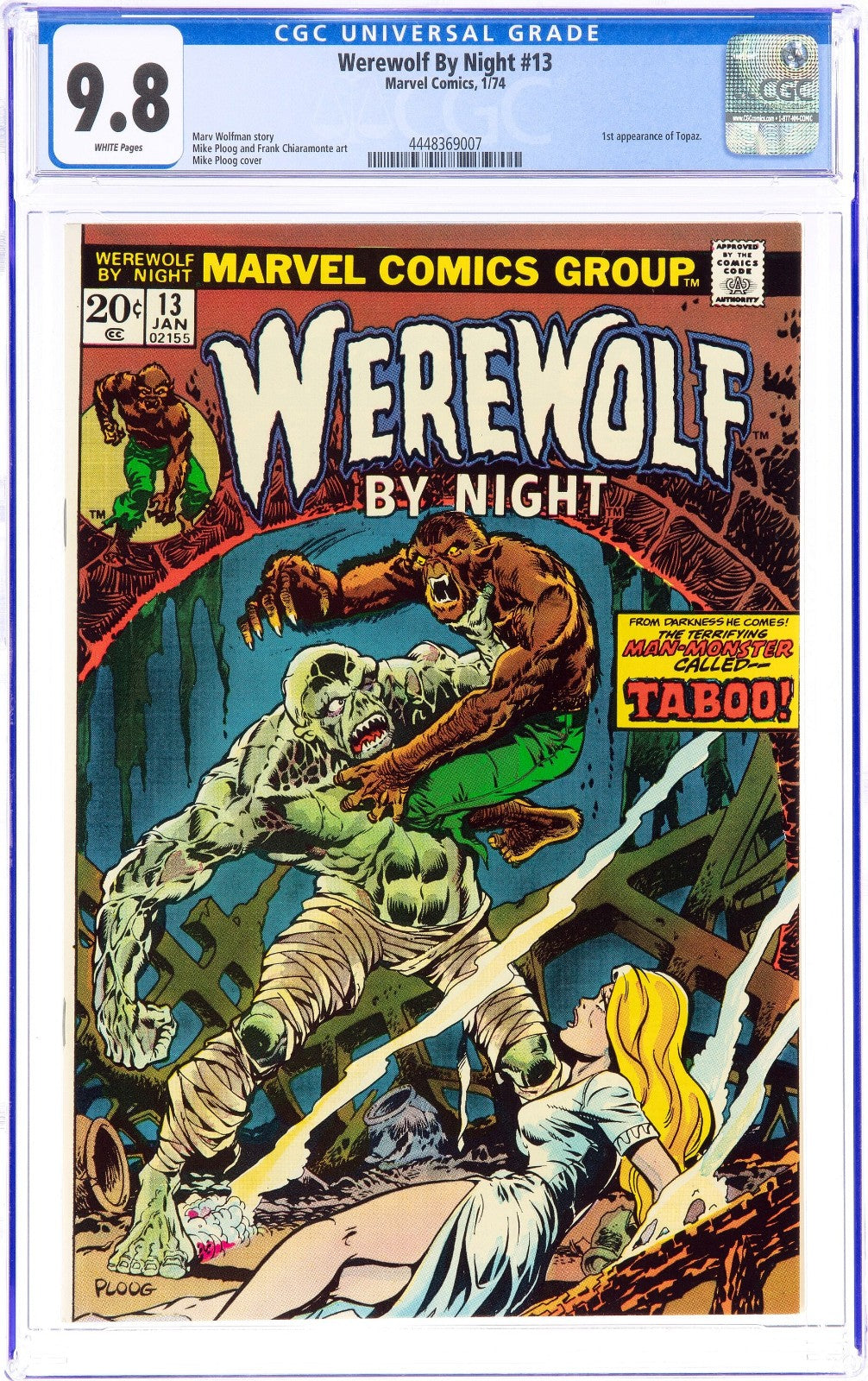 Werewolf By Night #13 (1974) CGC 9.8 NM/MT WHITE Pages Ploog Cover Art 1st Topaz