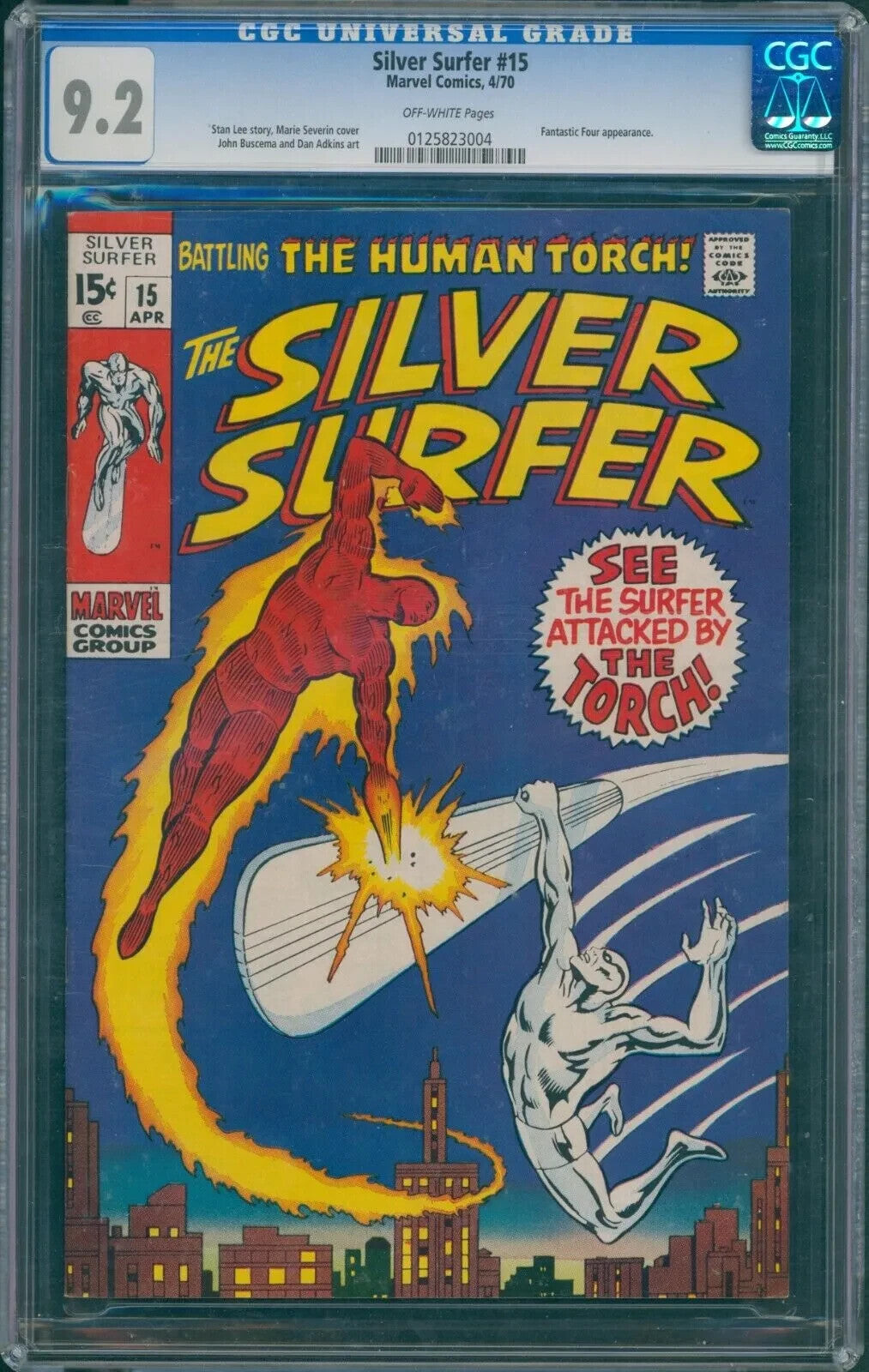Silver Surfer #15 (1970) CGC 9.2 NM- Off White Severin Human Torch Battle Cover