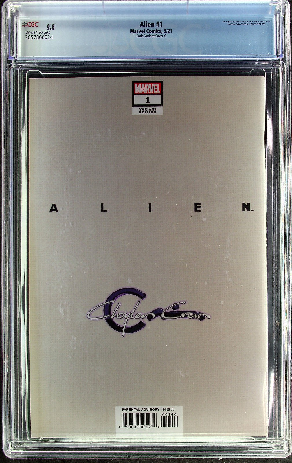 Alien #1 (2021) CGC 9.8 NM/MT WHITE Clayton Crain Cover C Virgin