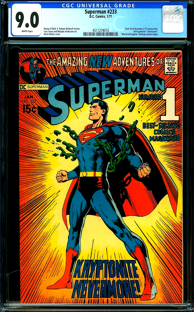 Superman #233 (1971) CGC 9.0 VF/NM WHITE Key Classic Neal Adams Kryptonite Cover