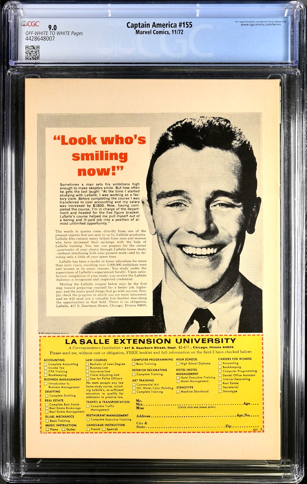 Captain America #155 (1971) CGC 9.0 VF/NM OW/W KEY Golden Age Origin Nomad Bucky