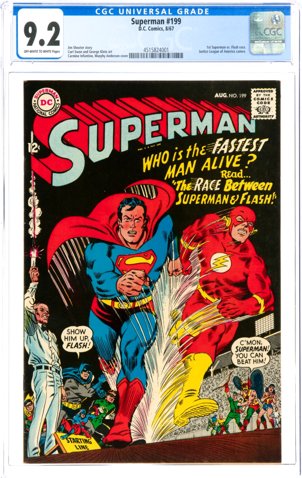 Superman #199 (1967) CGC 9.2 NM- OW White Key 1st Superman vs Flash Race