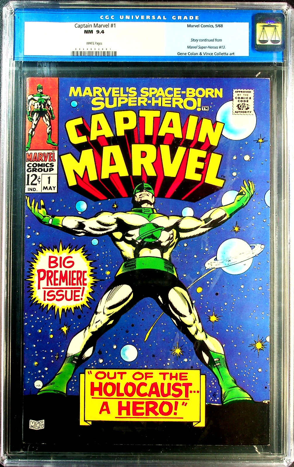 Captain Marvel #1 (1968) CGC 9.4 NM WHITE Pages KEY 1st Issue 3rd App OLD Label