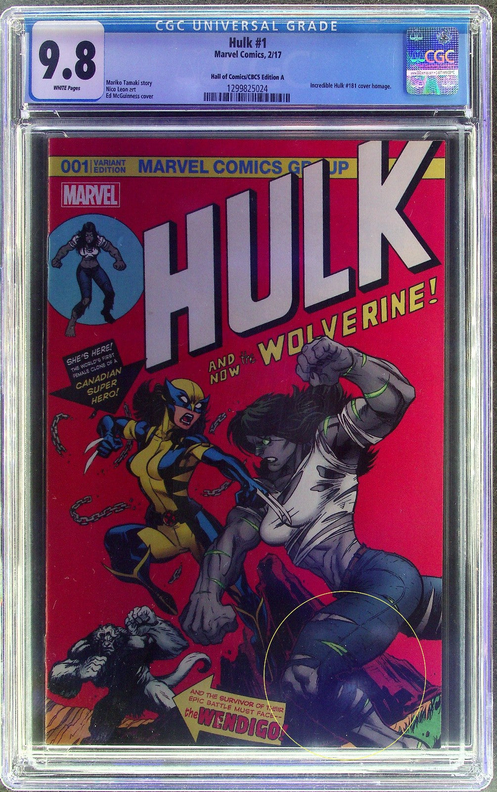 Hulk #1 (2017) CGC 9.8 NM/MT WHITE Hall of Comics/CBCS Edition A Hulk 181 Homage