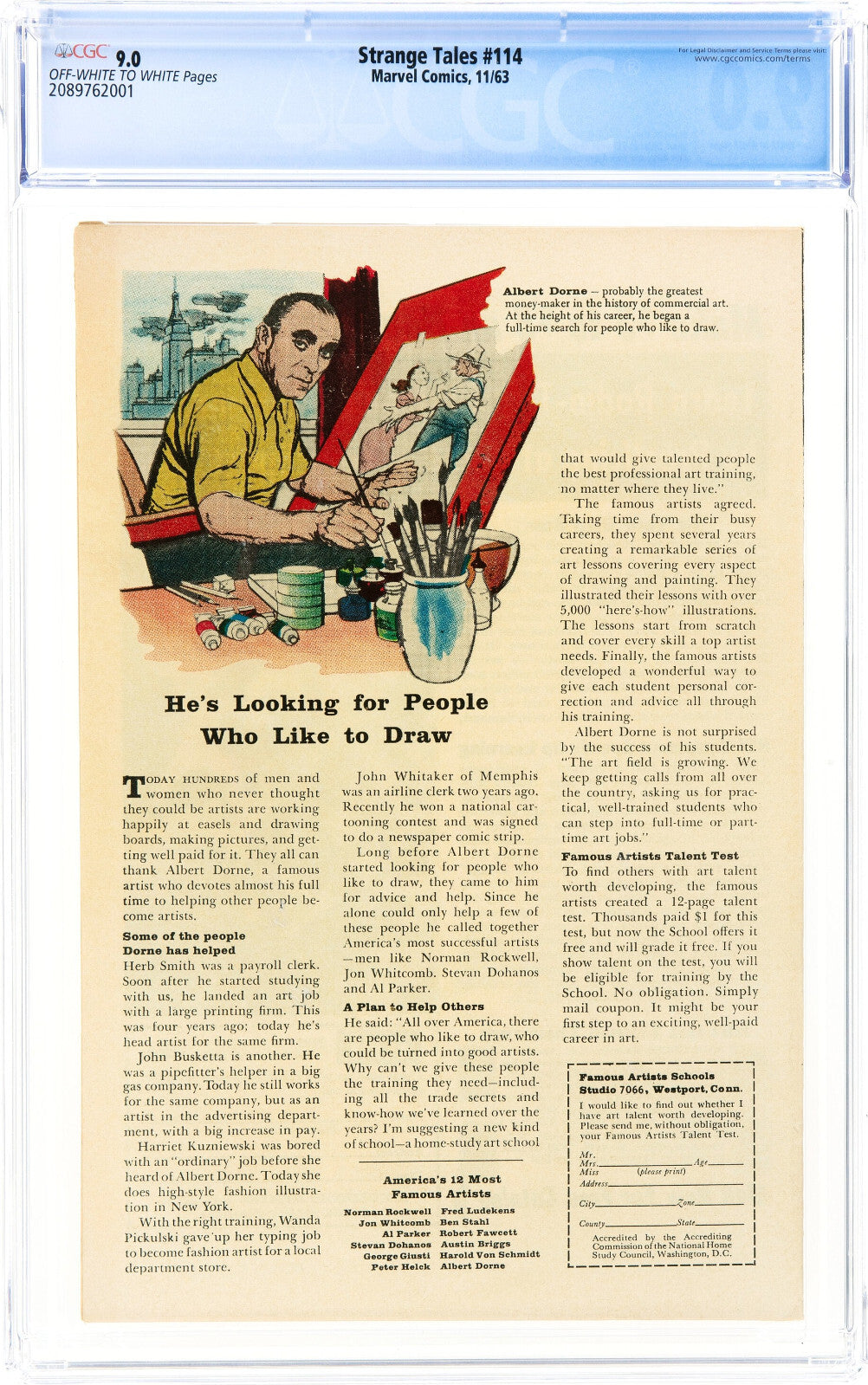 Strange Tales #114 (1963) CGC 9.0 VF/NM OW White Pages Key Classic Battle Cover