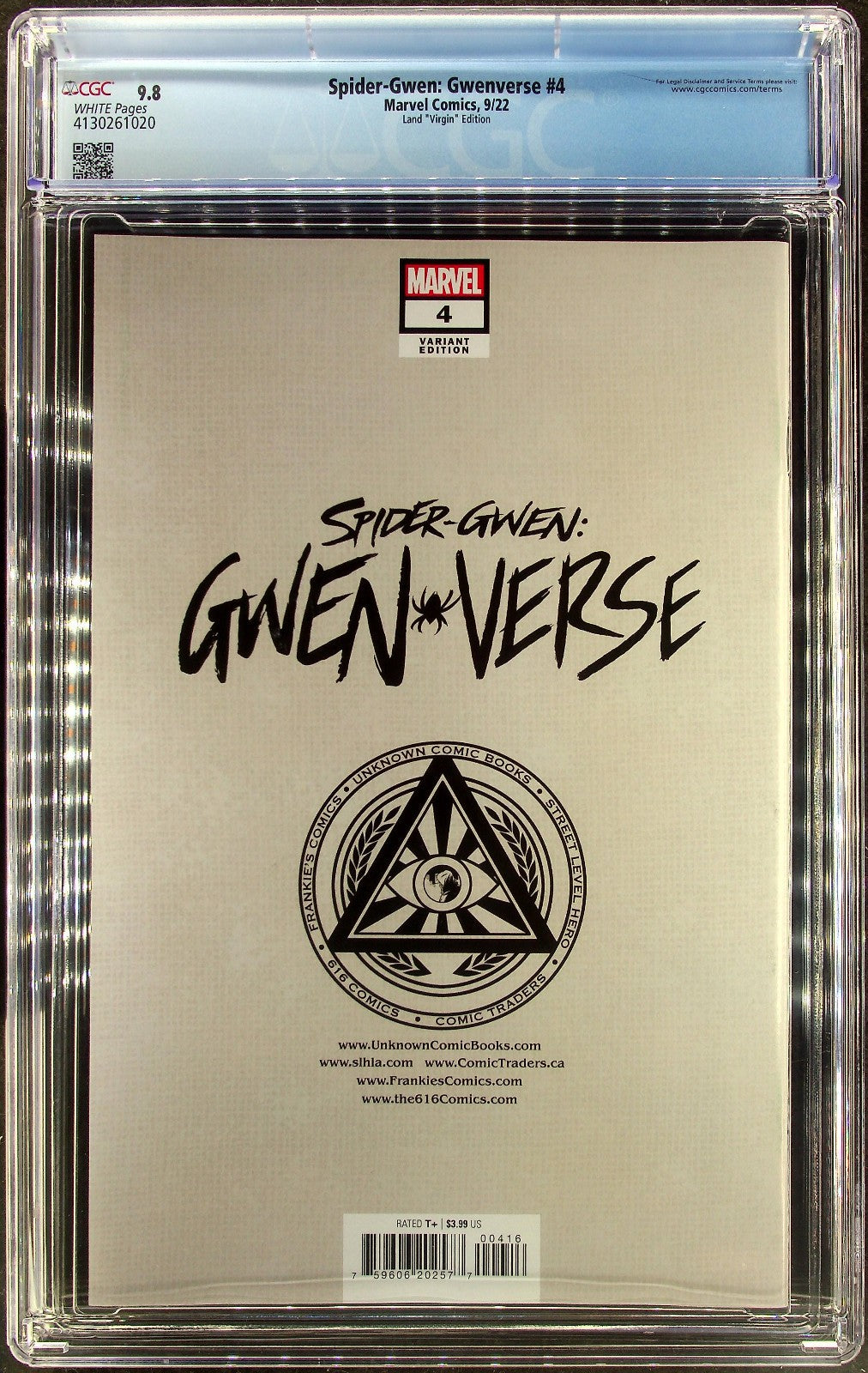 Spider-Gwen: Gwenverse #4 (2022) CGC 9.8 NM/MT White Iluminati Greg Land Virgin