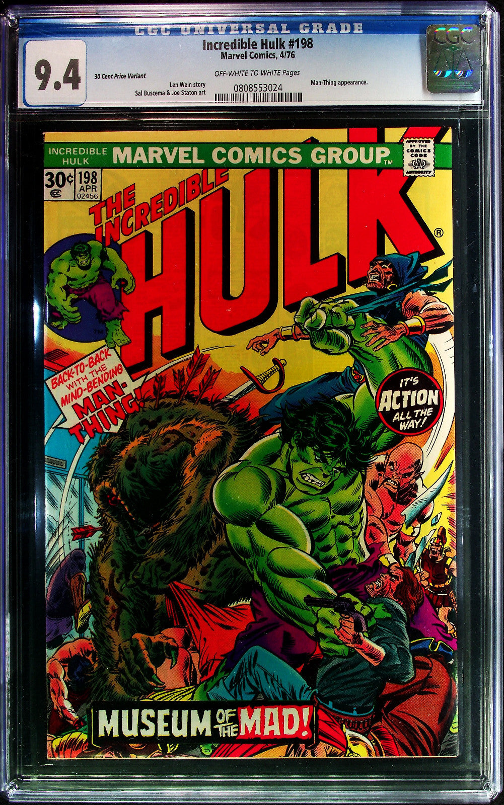 Hulk #198 (1976) CGC NM 9.4 OW WHITE RARE 30¢ Cents Price Variant Man-Thing