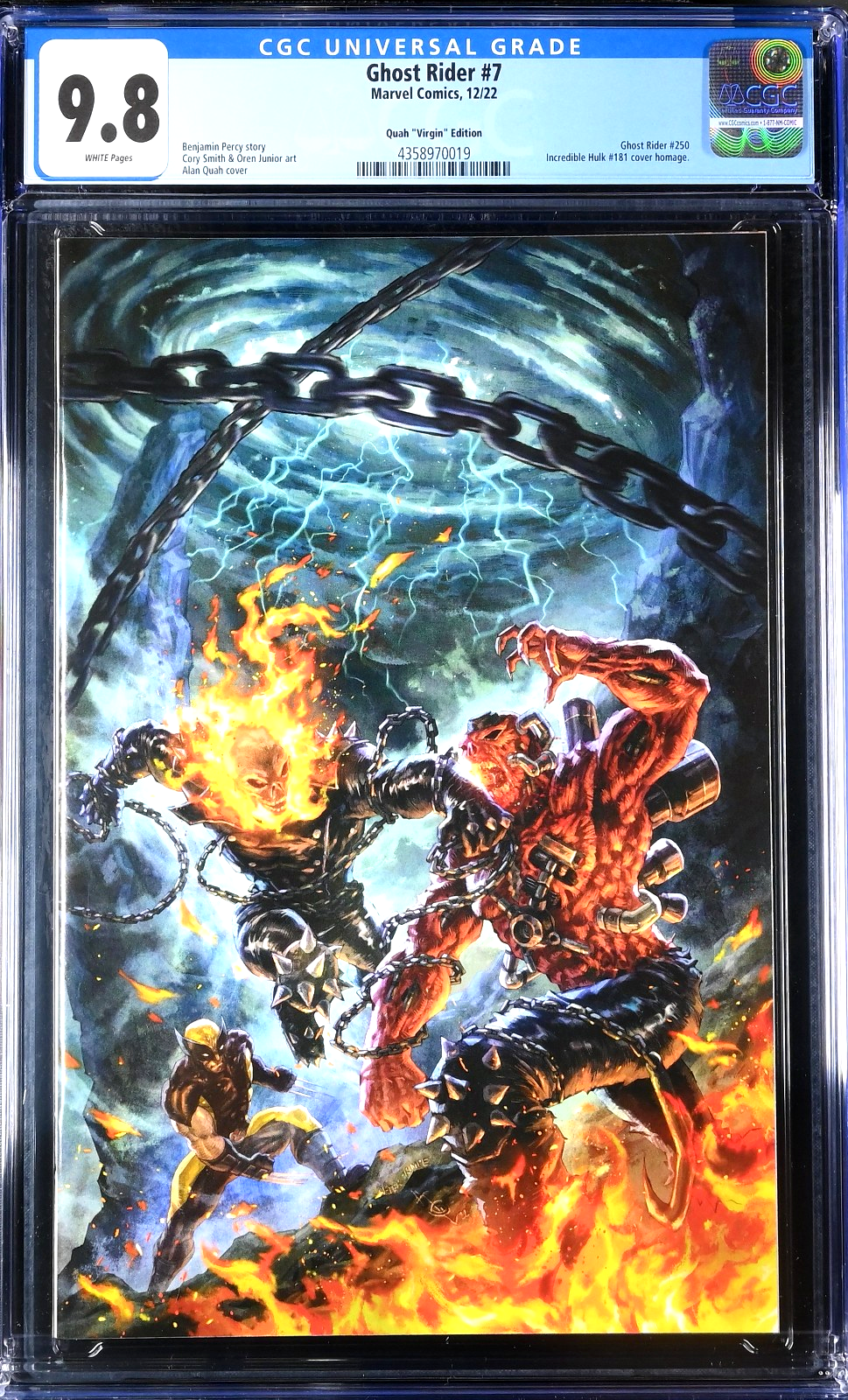 Ghost Rider #7 (2022) CGC 9.8 NM/MT WHITE Alan Quah Virgin Hulk 181 Homage