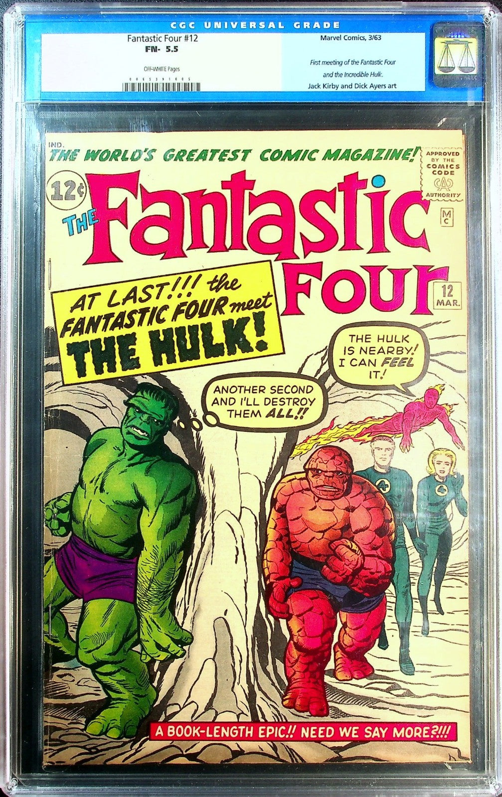 Fantastic Four #12 (1963) CGC 5.5 FN- OW KEY Kirby 1st Hulk Battle OLD Label