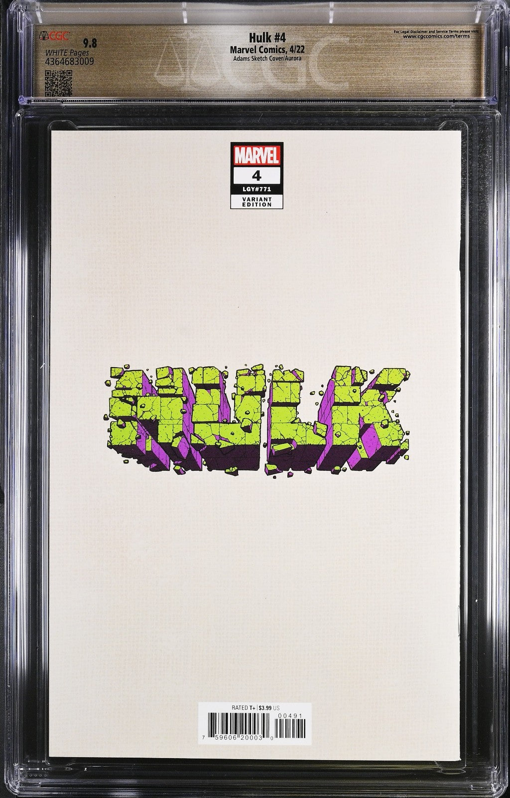Hulk #4 (2022) CGC 9.8 NM/MT Adams Sketch Aurora Pedigree CGC Label Error