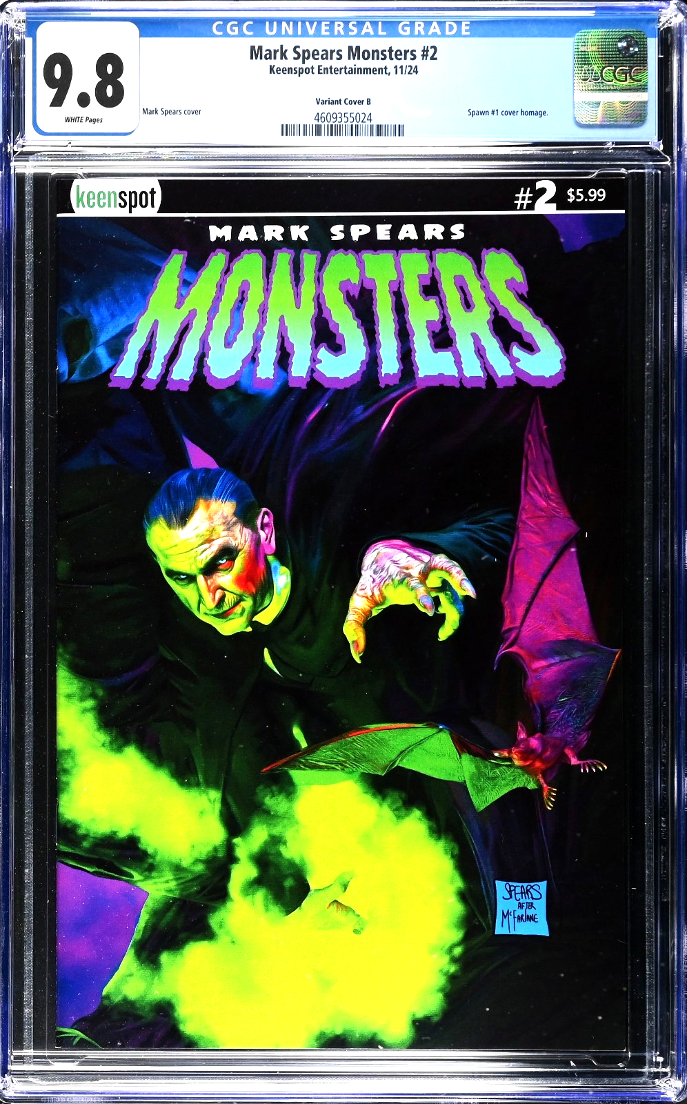 Mark Spears Monsters #2 (2024) CGC 9.8 NM/MT Cover B Spawn #1 Homage