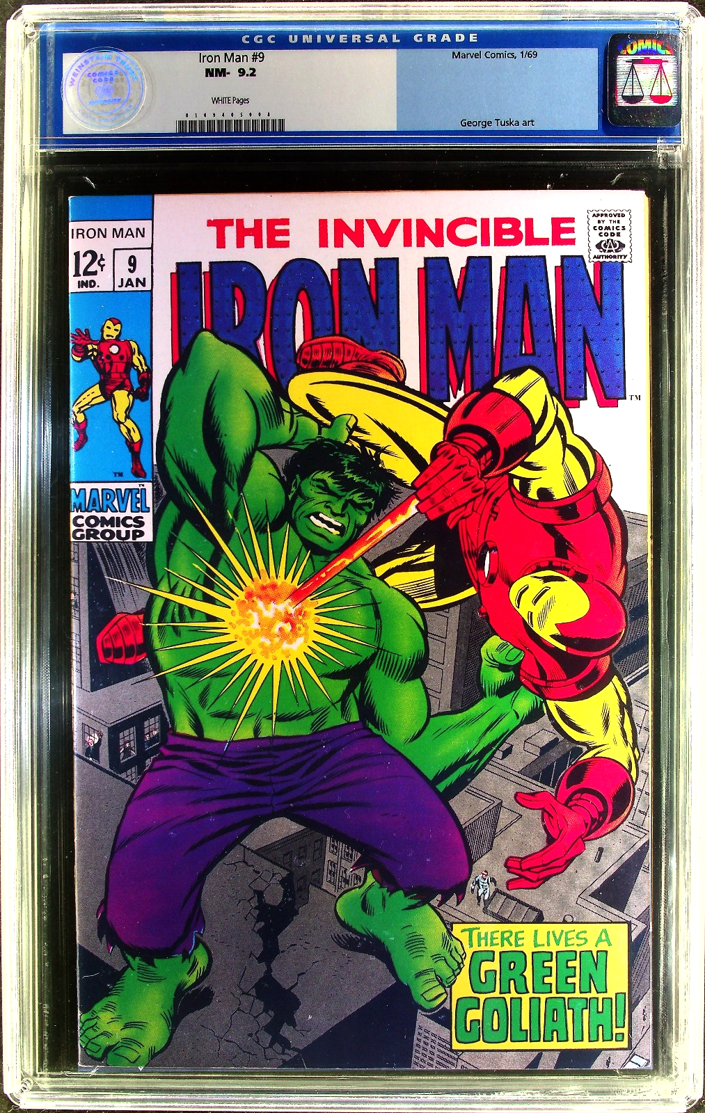 Iron Man #9 (1969) CGC 9.2 NM- WHITE Tuska Iconic Hulk Battle Cover OLD Label