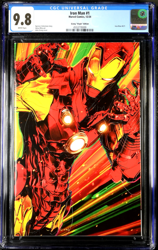 Iron Man #1 (2024) CGC 9.8 NM/MT WHITE Pages LGY #671 John Giang Virgin Edition