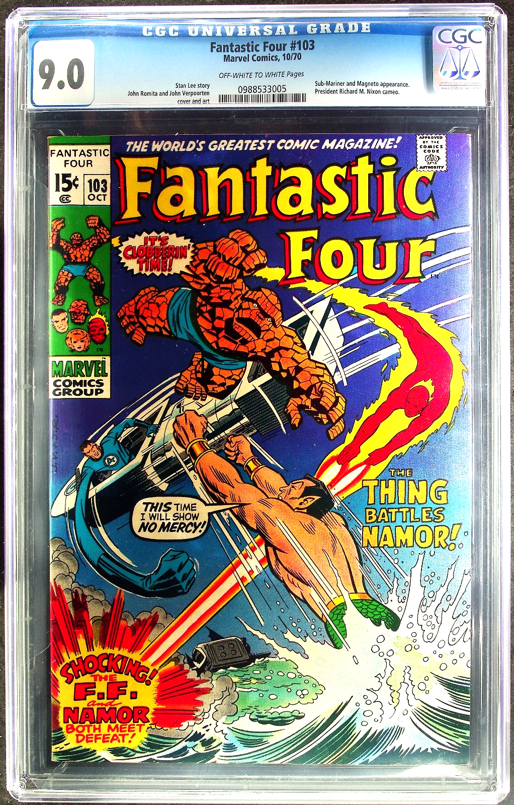 Fantastic Four #103 (1970) CGC 9.0 VF/NM OW/White Namor Sub-Mariner Battle Cover