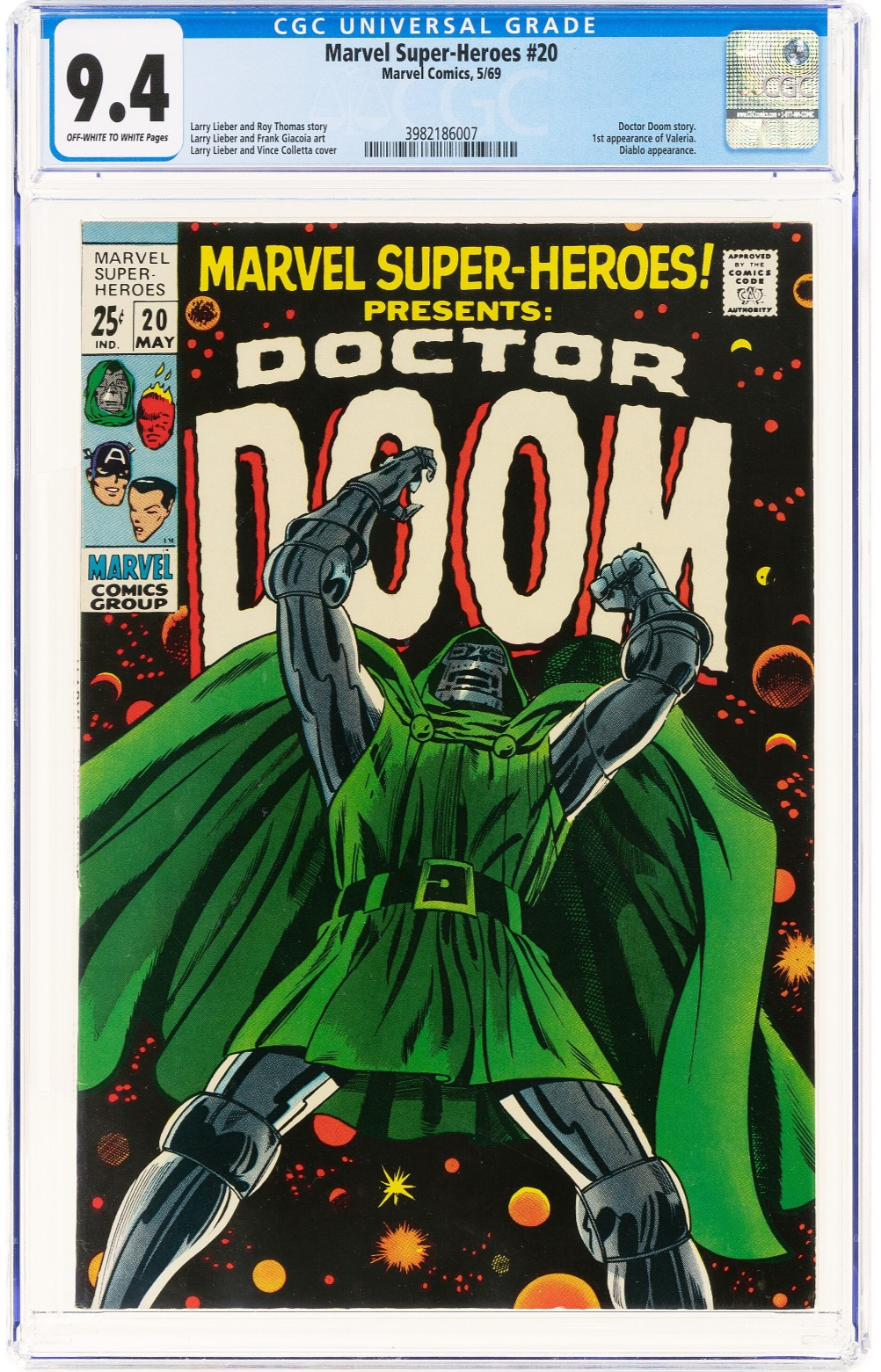 Marvel Super-Heroes #20 (1969) CGC 9.2 NM OW/W KEY Solo Doctor Doom 1st Valeria