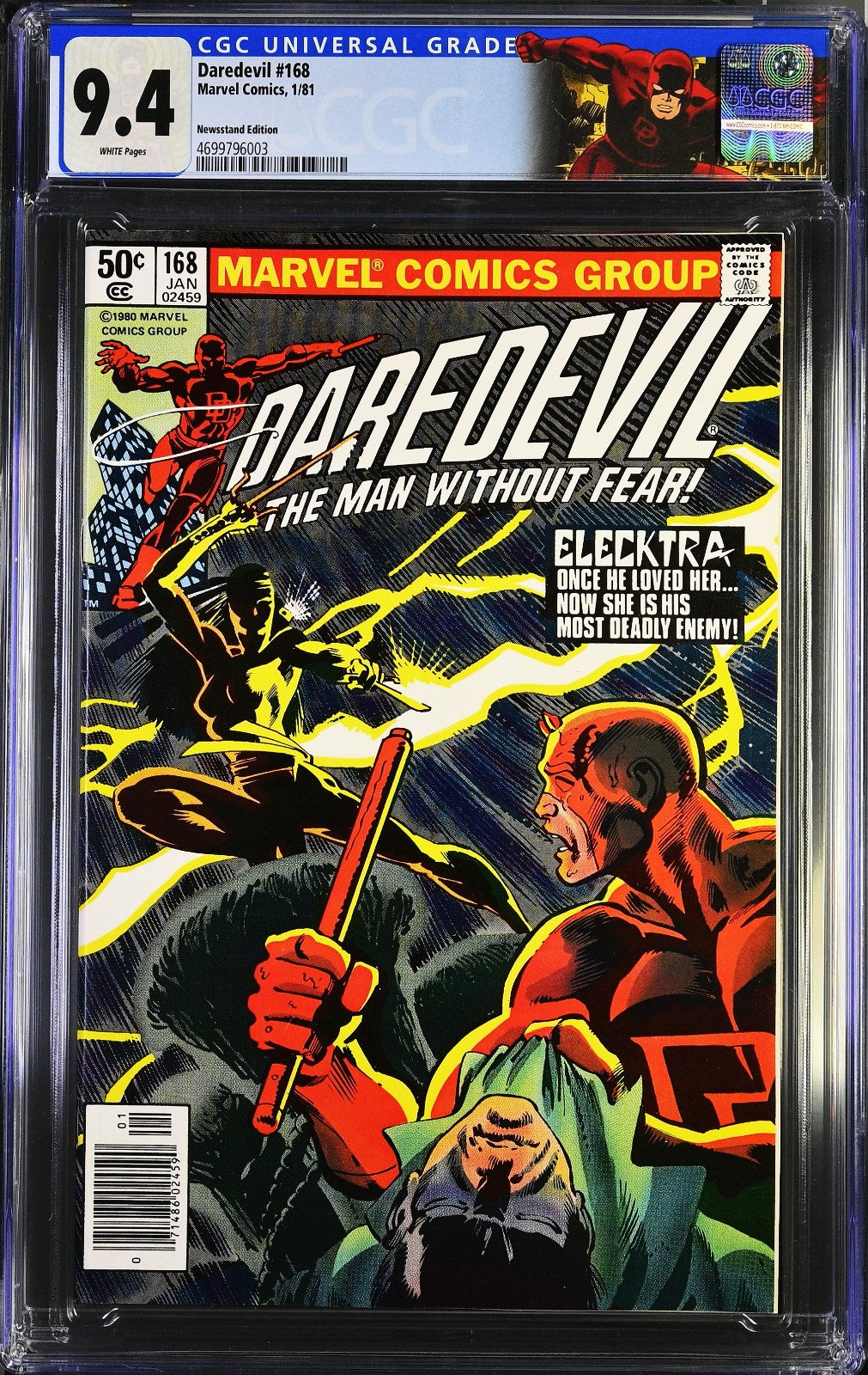 Daredevil #168 (1981) CGC 9.4 NM White KEY 1st Elektra Newsstand Custom Label