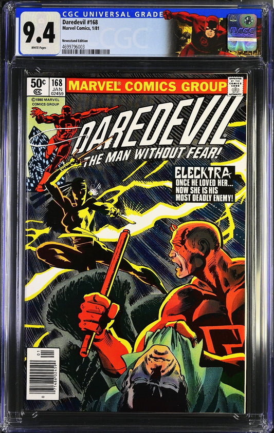 Daredevil #168 (1981) CGC 9.4 NM White KEY 1st Elektra Newsstand Custom Label