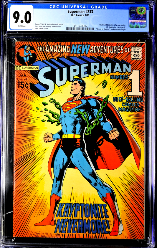 Superman #233 (1971) CGC 9.0 VF/NM WHITE KEY Neal Adams Kryptonite Chain Break