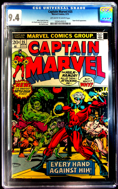 Captain Marvel #25 (1973) CGC 9.4 NM OW White Starlin Hulk Sub-Mariner Battle