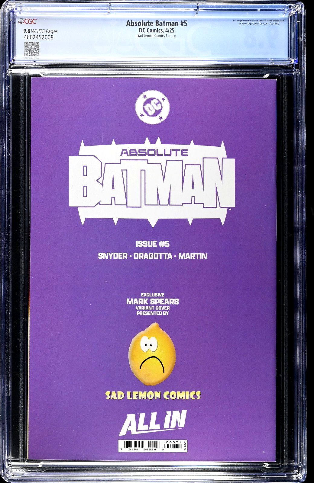 Absolute Batman #5 (2025) CGC 9.8 NM/MT Mark Spears Sad Lemon Retailer (Ltd 800)