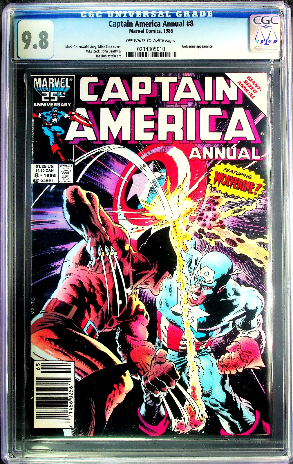 Captain America Annual #8 (1986) CGC 9.8 NM/MT OWW Newsstand Wolverine Battle PC