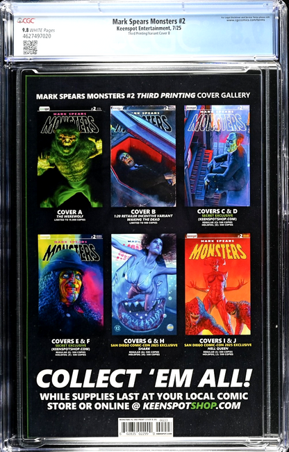 Mark Spears Monsters #2 (2025) CGC 9.8 3rd Print B Waking the Dead Dracula 1:20