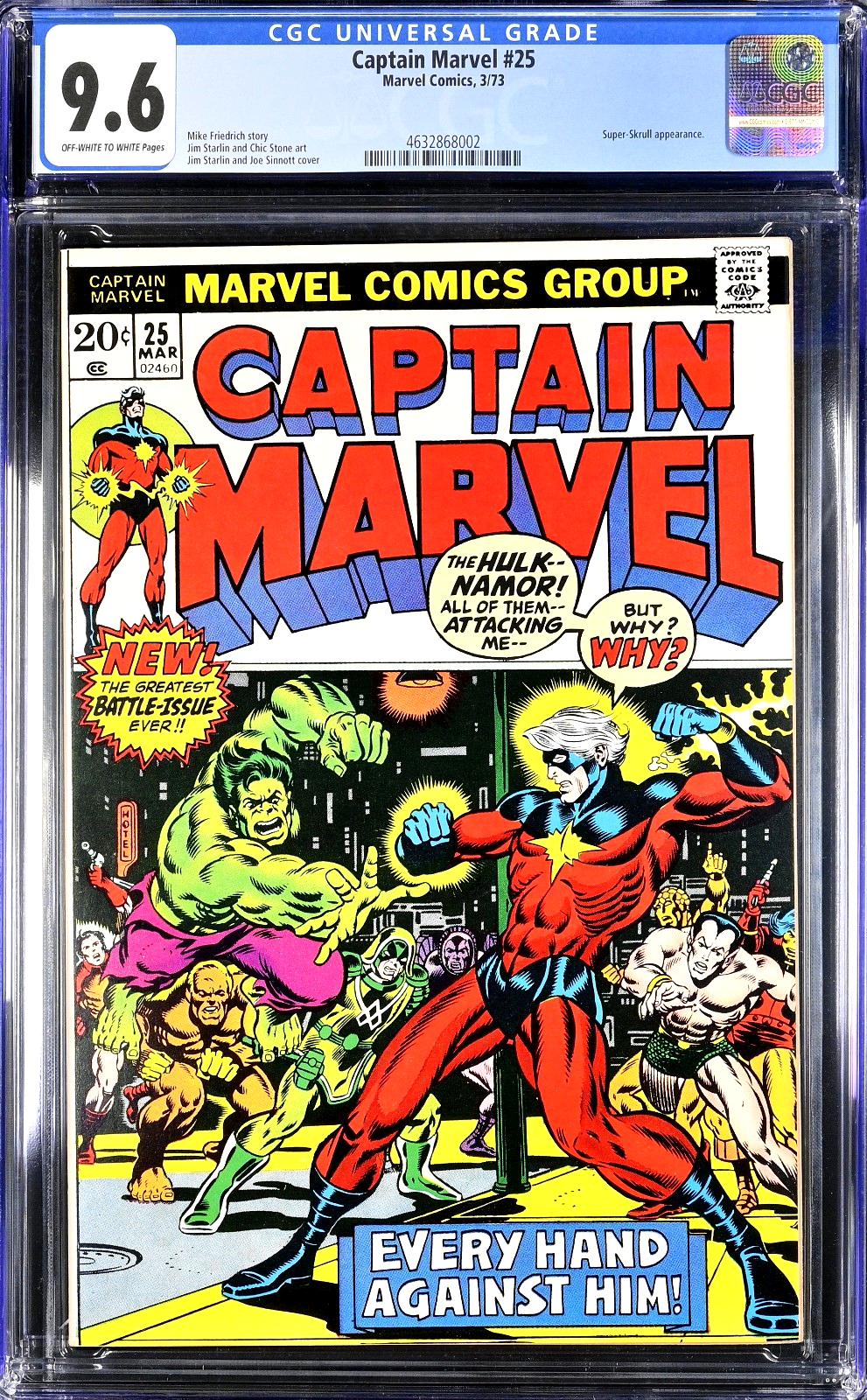 Captain Marvel #25 (1973) CGC 9.6 NM+ OW/White Starlin Hulk Sub-Mariner Battle