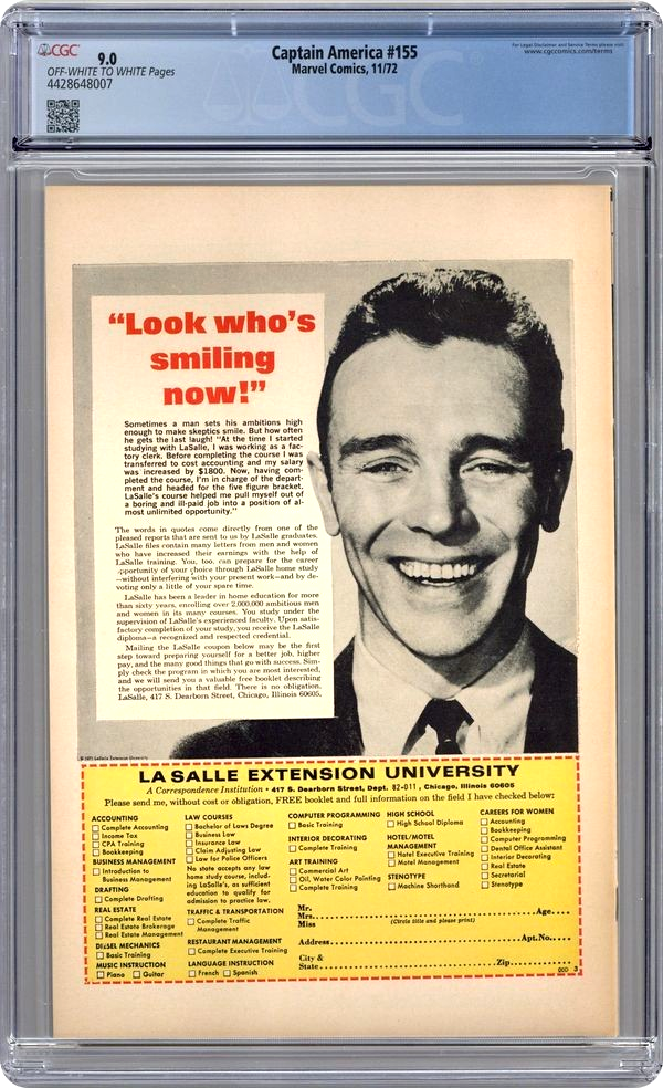 Captain America #155 (1971) CGC 9.0 VF/NM OW/W KEY Golden Age Origin Nomad Bucky