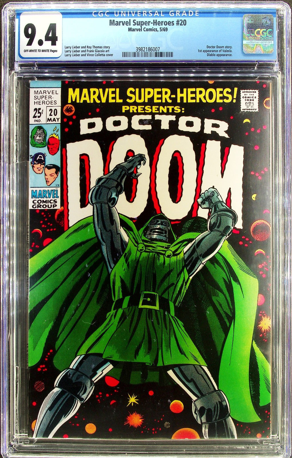 Marvel Super-Heroes #20 (1969) CGC 9.2 NM OW/W KEY Solo Doctor Doom 1st Valeria