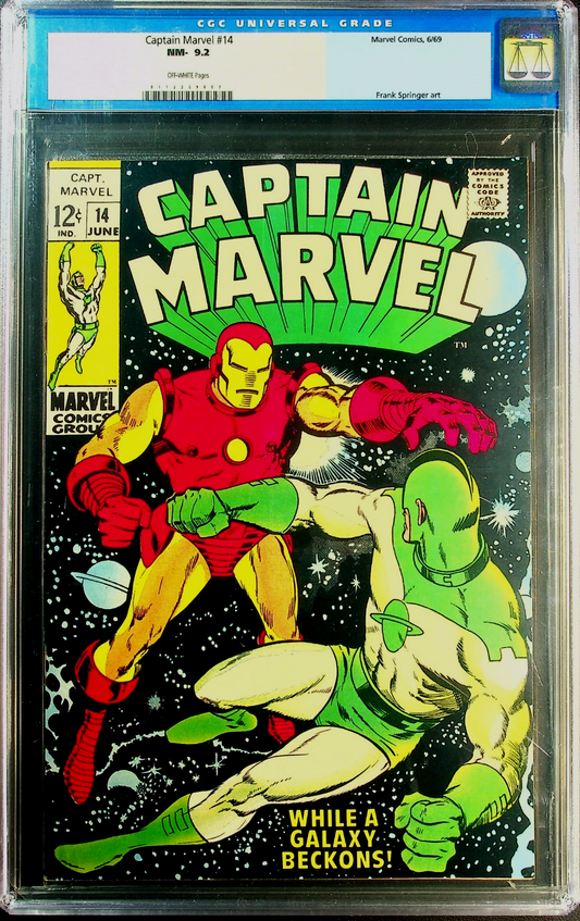 Captain Marvel #14 (1968) CGC 9.2 NM- OW Pages Iron Man Battle Cover OLD Label