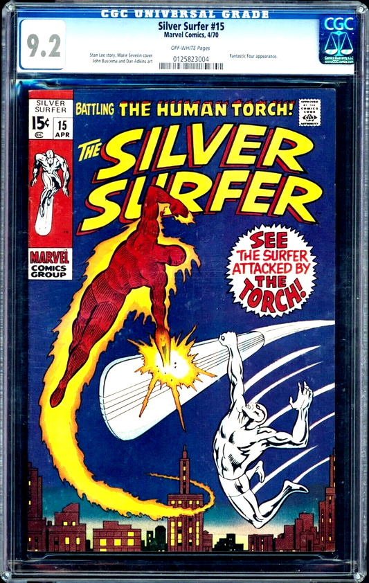 Silver Surfer #15 (1970) CGC 9.2 NM- Off White Severin Human Torch Battle Cover