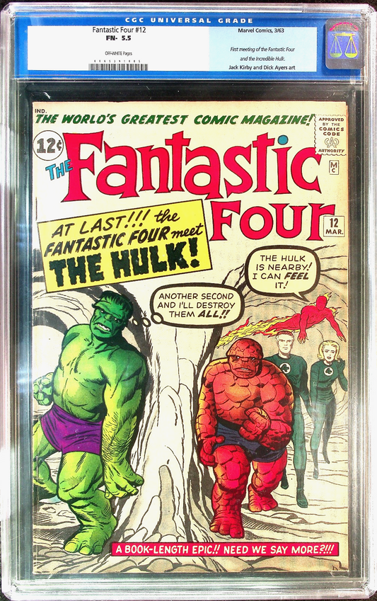 Fantastic Four #12 (1963) CGC 5.5 FN- OW KEY Kirby 1st Hulk Battle OLD Label