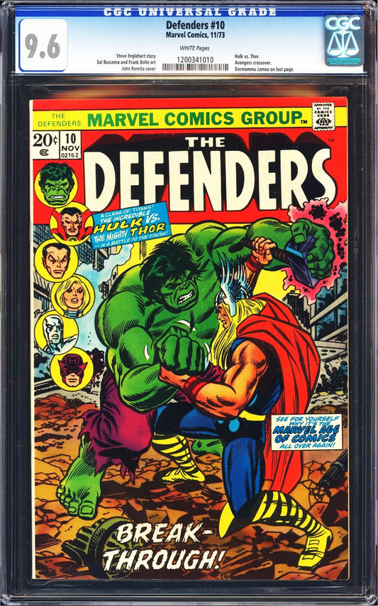 Defenders #10 (1973) CGC 9.6 NM+ WHITE Romita Hulk vs. Thor Iconic Battle Cover