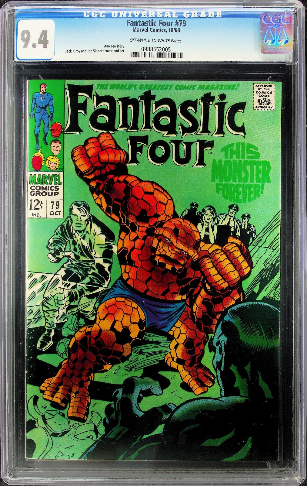 Fantastic Four 79 (1968) CGC 9.4 NM OW/White Pages Kirby Iconic Thing Cover HTF