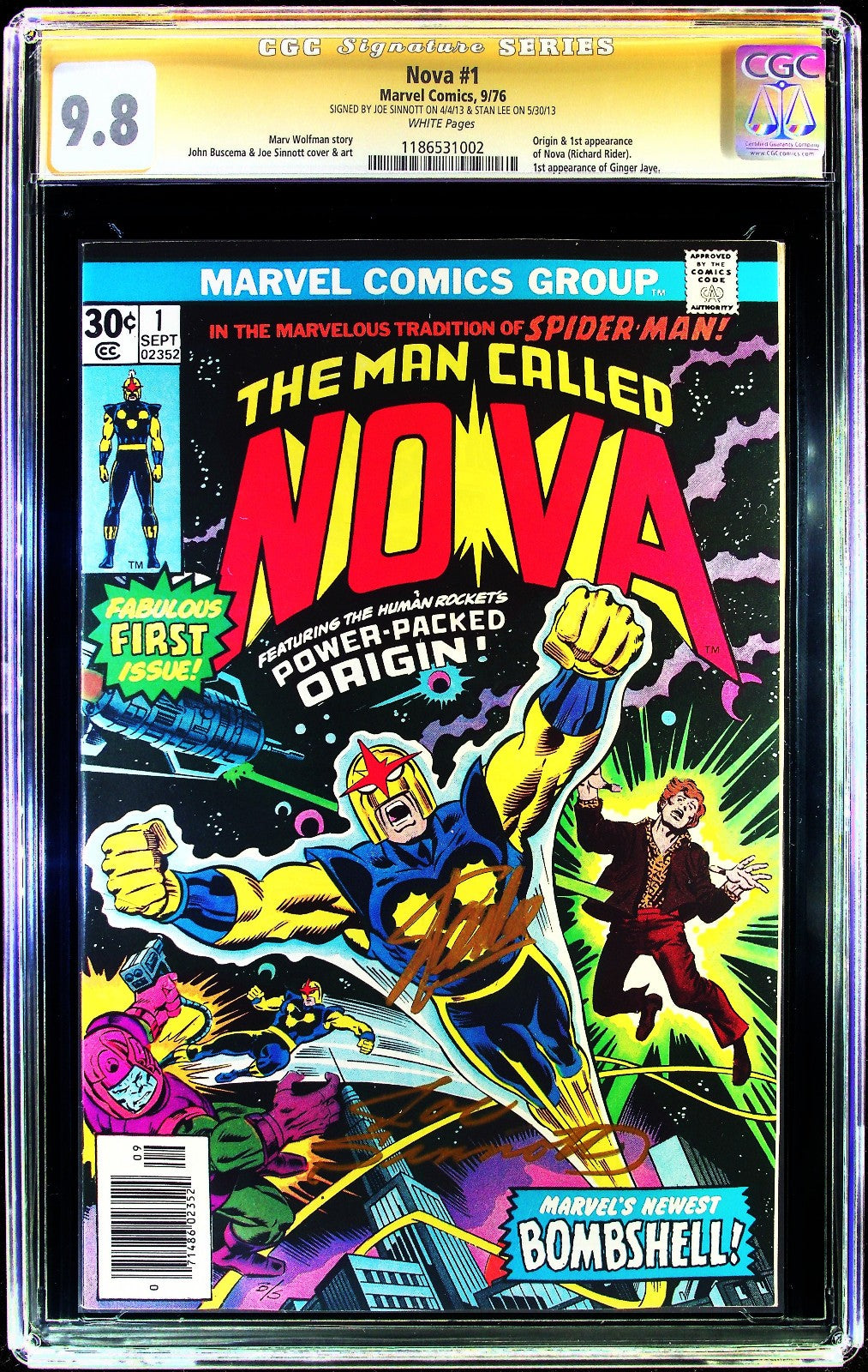 Nova #1 (1976) CGC SS 9.8 NM/MT White Pg Origin Signed Stan Lee & Joe Sinnott PC