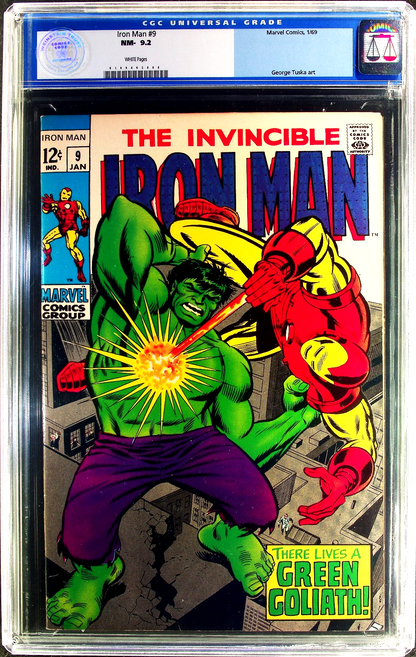 Iron Man #9 (1969) CGC 9.2 NM- WHITE Tuska Iconic Hulk Battle Cover OLD Label