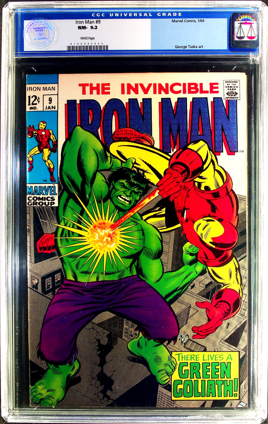 Iron Man #9 (1969) CGC 9.2 NM- WHITE Tuska Iconic Hulk Battle Cover OLD Label