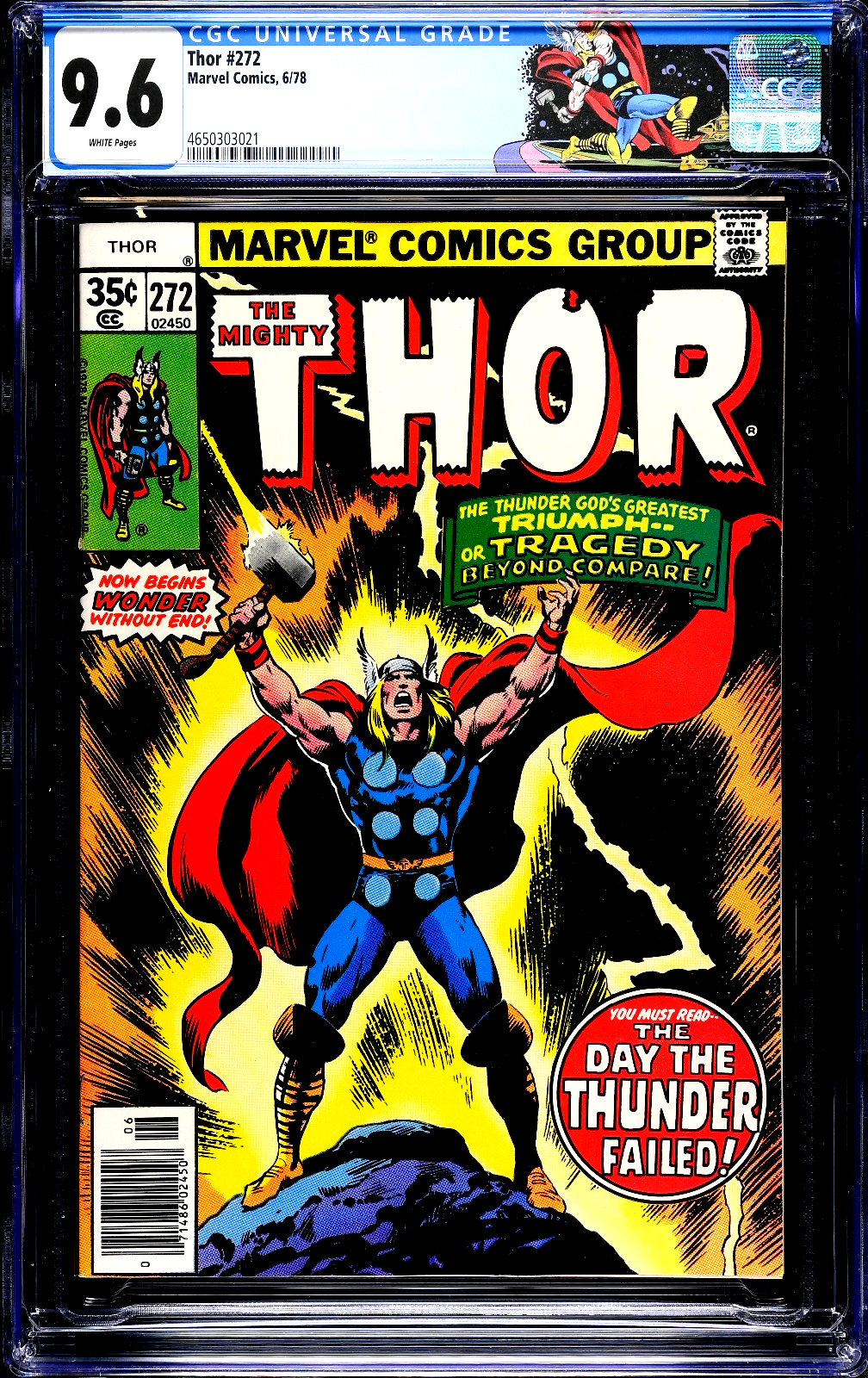 Thor #272 (1978) CGC 9.6 NM+ WHITE Pages John Buscema Iconic Cover Custom Label