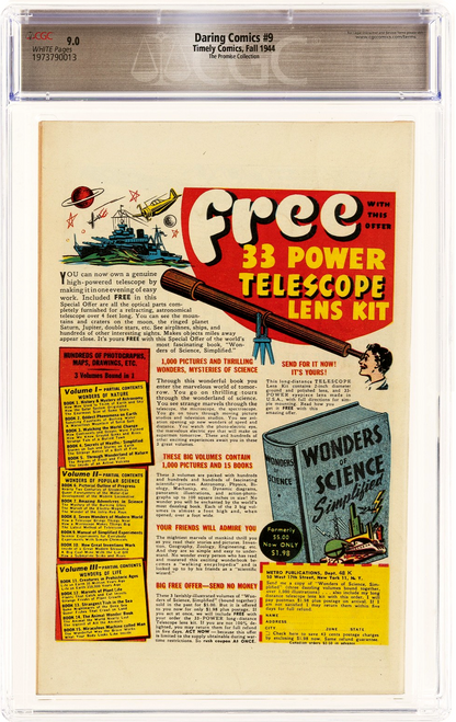 Daring Comics #9 (1944) CGC 9.0 WHITE Pedigree Promise Collection KEY 1st Issue