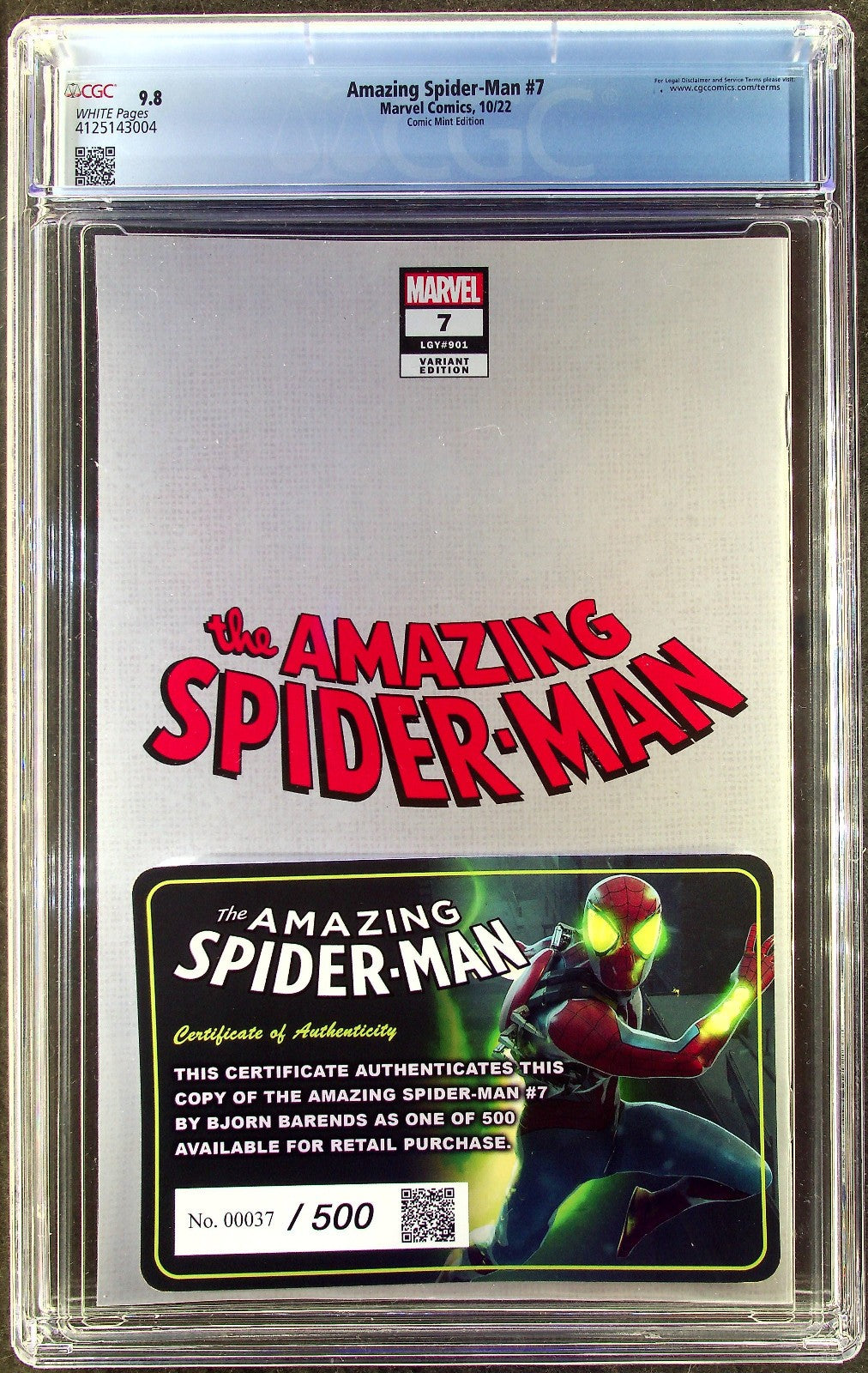 Amazing Spider-Man #7 (2022) CGC 9.8 NM/MT WHITE Barends Comic Mint COA #37/500