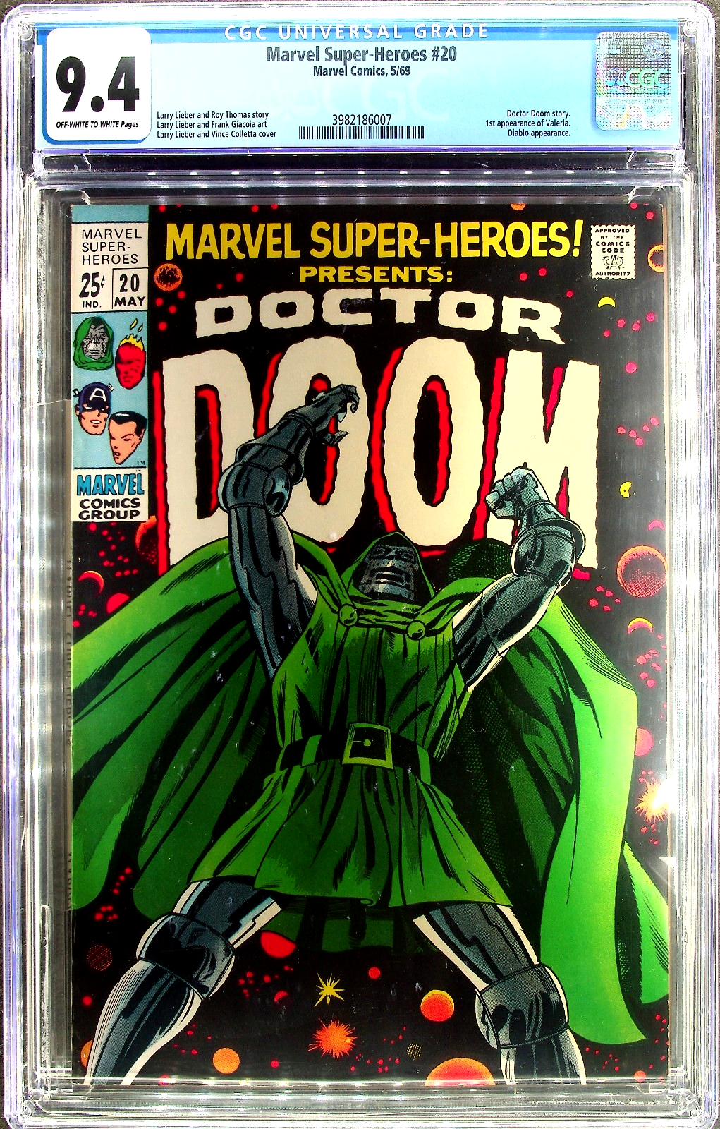 Marvel Super-Heroes #20 (1969) CGC 9.2 NM OW/W KEY Solo Doctor Doom 1st Valeria